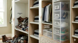 A side-by-side comparison of a messy pile of shoes versus an organised stackable shoe box system.