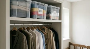 Plastic storage boxes used to protect seasonal knitwear on the top shelf of a fitted wardrobe.