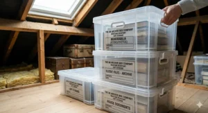 Clear plastic moisture-resistant archive boxes suitable for loft storage in British homes.