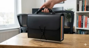 Close-up of a black expanding file folder with an ergonomic carry handle and secure clasp closure being held by a hand.