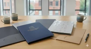 Premium navy blue and charcoal presentation folders featuring elegant gold foil blocking and spot UV patterns for a luxury UK corporate aesthetic.