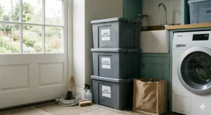 Eco-friendly storage boxes made from recycled grey plastic used for household organisation.