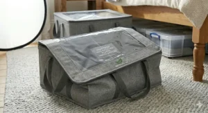 Alt text for image 8: An eco-friendly shallow under bed storage box made from 100% recycled plastic with a clear lid, ideal for sustainable home organisation in the UK.