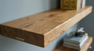 Close-up of rustic reclaimed timber floating shelves with a high-quality wax finish, handcrafted in the UK.