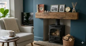 A thick rustic timber floating shelf used as a mantelpiece above a traditional black wood-burning stove in a cosy lounge.
