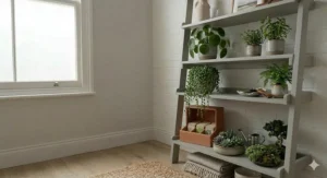 A Scandi-style ladder shelf used as an indoor herb garden and plant stand for succulents in a bright UK home.