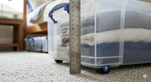 Alt text for image 2: A close-up of a low-profile storage container with a metal ruler measuring the height in centimetres to show the slim clearance for narrow gaps under British bed frames.