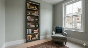 A narrow, slimline tall bookcase in a charcoal grey finish, space-saving furniture ideal for a small British flat or apartment.