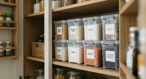 Neatly labelled small plastic storage boxes used for organising dried food in a kitchen larder.