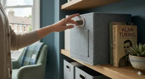 Colourful fabric storage bins for playroom shelves containing children’s toys and books.
