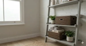 A close-up of a grey timber ladder shelf holding wicker storage baskets and neatly folded cotton linens.