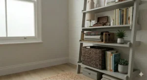 A slim ladder bookcase styled with books, a small table lamp, and storage boxes to maximise floor space in a flat.