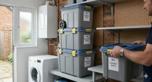 Multiple large storage containers with wheels stacked vertically to save floor space in a small utility room.