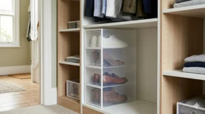 Vertical stack of clear shoe organisers tucked into a built-in fitted wardrobe to maximise storage space.