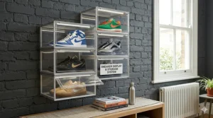 A collection of limited-edition trainers displayed in premium stackable drop-front shoe boxes.