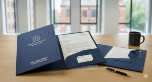 Standard interlocking A4 presentation folders in a minimalist navy blue design, showing the functional die-cut assembly and internal card holder slits