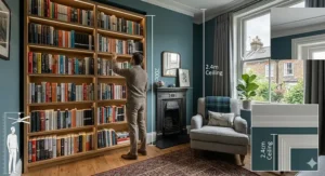 Photorealistic technical diagram showing a 200cm tall bookcase in a UK home with a standard 2.4m ceiling height and human scale reference.