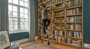 A grand double-height library bookcase made of light oak featuring a sliding timber ladder and brass rails.