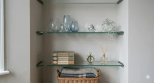 Modern tempered glass floating shelves holding delicate glass ornaments and books, illuminated by soft natural light from a nearby window.