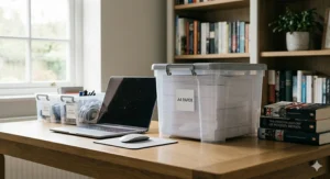 A transparent plastic storage box designed to hold A4 paper and office stationery on a desk.
