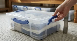 Alt text for image 4: A person's hand using the ergonomic blue clip-top handle of a shallow storage box, demonstrating the secure lid that protects clothes and linens from dust.
