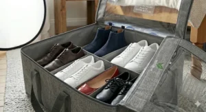 Alt text for image 9: A shallow under bed shoe organiser with multiple compartments, neatly holding several pairs of smart leather shoes, trainers, and heels to save wardrobe space.