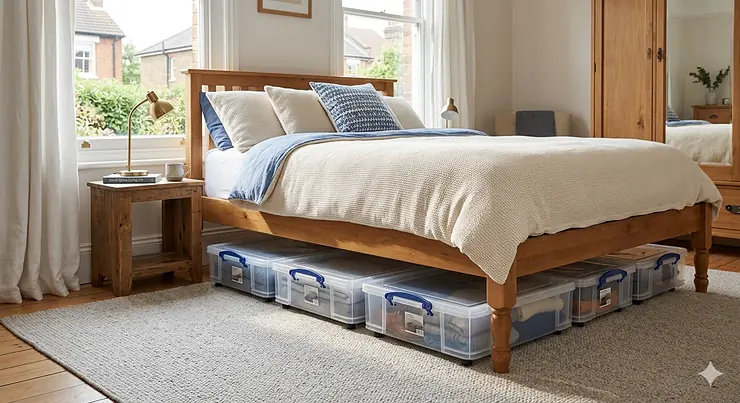 Alt text for image 1: A set of clear plastic under bed storage boxes shallow enough to fit neatly under a light oak bed frame in a bright UK bedroom with grey textured carpet. under bed storage boxes shallow
