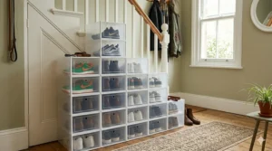 Tiered stackable shoe boxes fitted neatly into the awkward space under a British staircase.