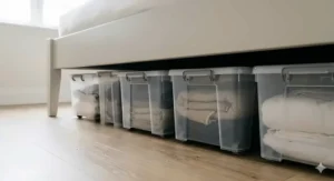 Shallow plastic storage boxes with wheels tucked neatly under a double bed frame.