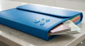 Durable, waterproof blue expanding file box with water droplets on the cover, protecting a British passport and birth certificate.