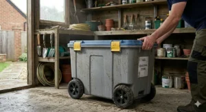 A heavy-duty, weatherproof large storage container with wheels kept in a British garden shed for tool storage.