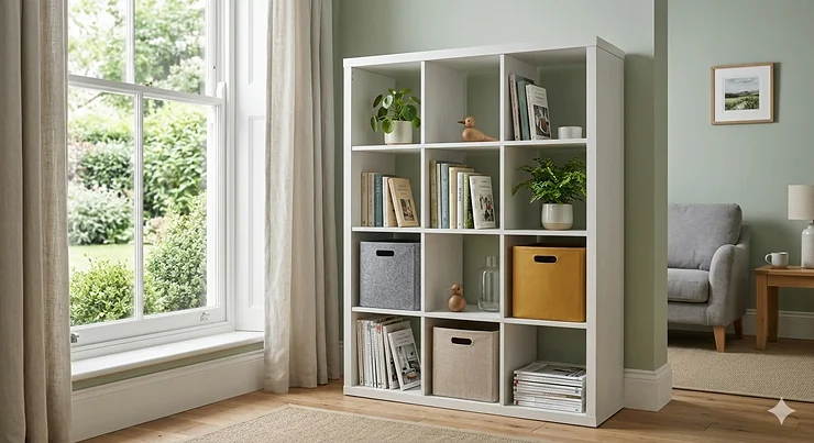 A photorealistic white 9 cube storage unit styled with books and house plants in a bright, modern British living room. cube storage unit 9 cube
