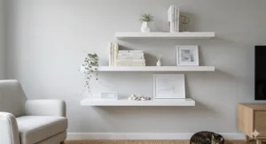 Sleek white gloss floating shelves arranged in a staggered layout on a contemporary light grey wall with minimalist decor and a houseplant.