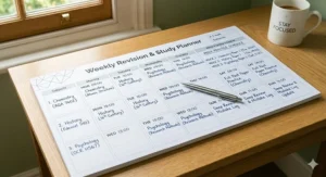 A detailed A-Level revision schedule layout on a desk planner pad, including dedicated slots for mock exam practice.