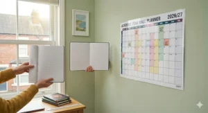 A size comparison showing a standard A4 notebook held against the large A1 laminated academic year planner to demonstrate its scale on a wall.