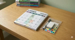 A product bundle shot featuring the folded A1 academic planner alongside a dry-wipe marker, eraser, and colourful adhesive dots for organisation.