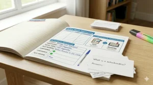 A close-up illustration of a planner section dedicated to active recall techniques, including spaces for self-quizzing and flashcard tracking.