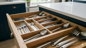 An adjustable bamboo cutlery drawer insert holding forks, knives, and spoons in a tidy arrangement.