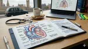 A creative study planner page featuring a detailed hand-drawn anatomy diagram of the heart with annotations for revision.
