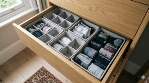Fabric drawer inserts for a bedroom chest of drawers used to categorise socks and underwear neatly.
