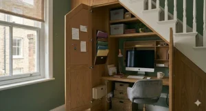 Alt text for image 8: A photorealistic view of a workspace fitted beneath a Victorian staircase, showing efficient use of space with matching grey bins and oak finishes.