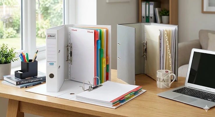 Alt text for image 1: A selection of the best A4 dividers with multi-coloured tabs organised inside a professional lever arch file on a desk. best A4 dividers
