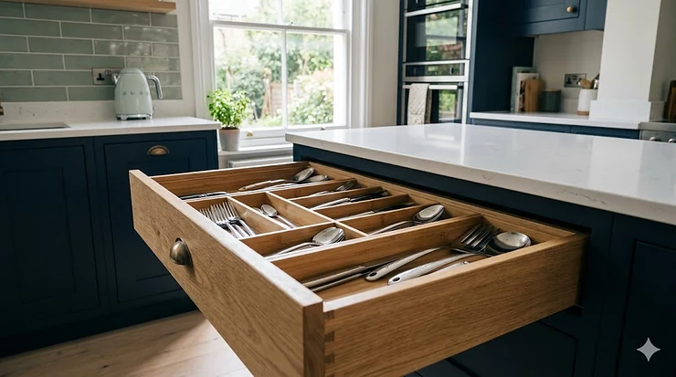 A wide shot of a modern UK kitchen featuring the best drawer inserts for organised cutlery and utensils. best drawer inserts