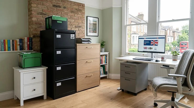 Alt text for image 1: A selection of modern metal and wooden filing cabinets in a bright UK office, illustrating different sizes and styles for home and professional use. filing cabinet buying guide