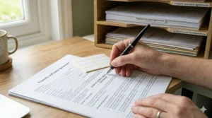 A view inside a fitted hallway cupboard featuring customised shelving and plastic bins used for hidden storage for paperwork at home.