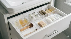 Transparent acrylic drawer inserts used to organise toiletries and cosmetics in a bathroom vanity.