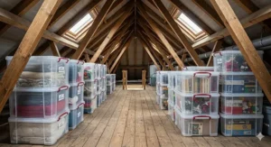 Clear plastic storage boxes with secure clip-on lids stacked in a boarded UK loft space.