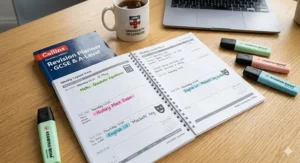 An internal page of the Collins revision planner dedicated to recording final exam dates and locations for GCSE or A-Level students.