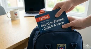A detailed shot of the colour-coded layout of a Collins revision planner, helping students organise their revision by difficulty or topic.