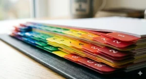 A selection of colour-coded numbered indices 1-31, illustrating the vibrant colour sequence used for quick daily document retrieval.